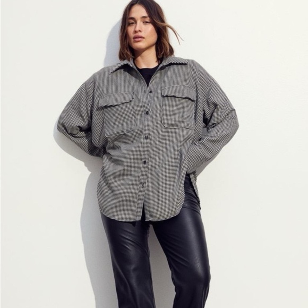 H&M Oversized Button Shirt Small Jacket Black Houndstooth Pattern Casual NWT